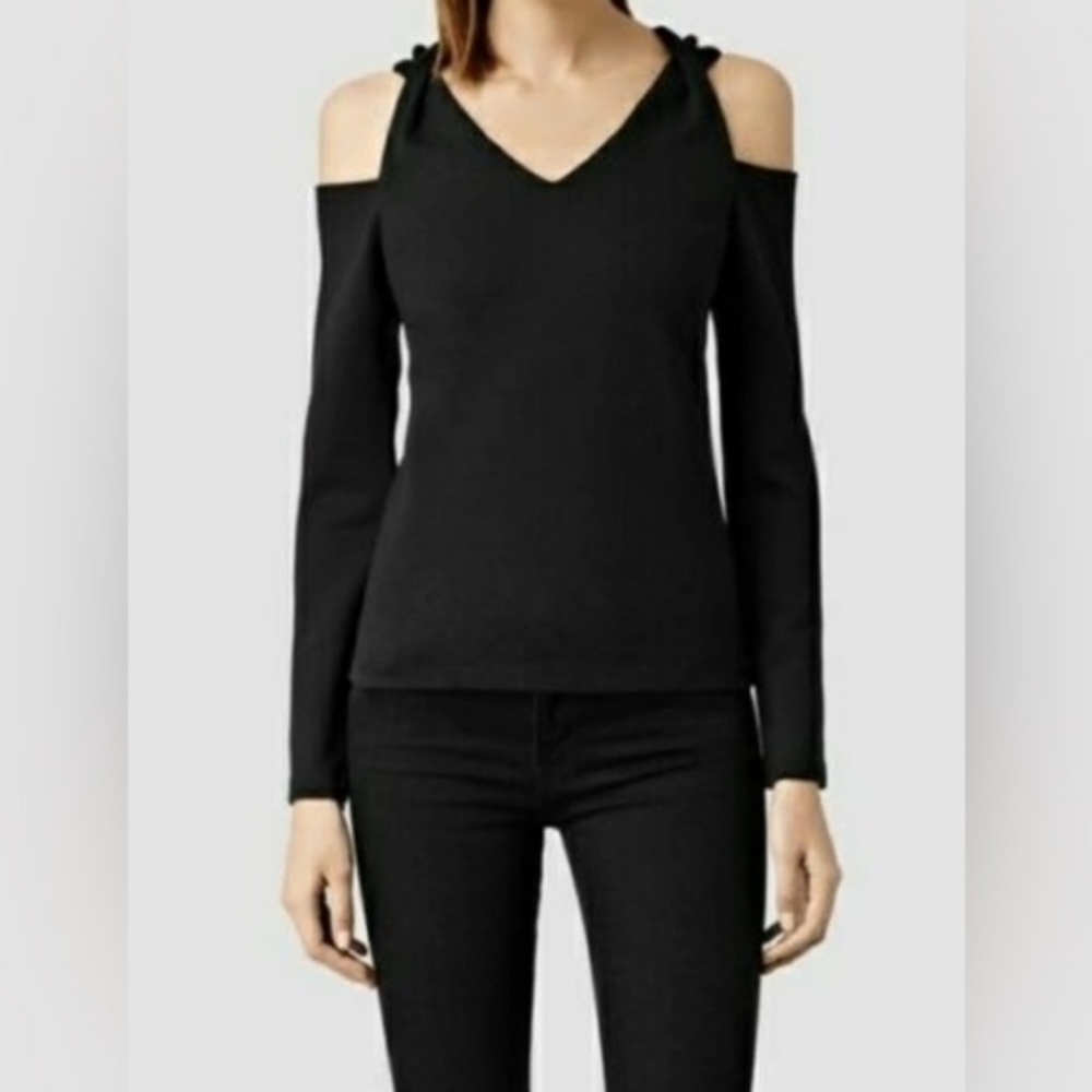 ALL SAINTS Lia Cut Out Cold Shoulder Long Sleeve Top Black US 4